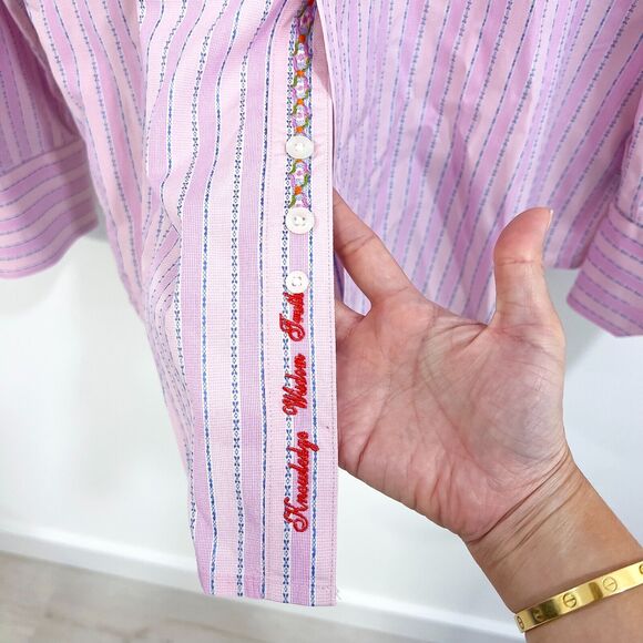 ROBERT GRAHAM Sz L Embroidered Pink Stripe Shirt Cuff Knowledge Wisdom Truth EUC - Picture 9 of 14